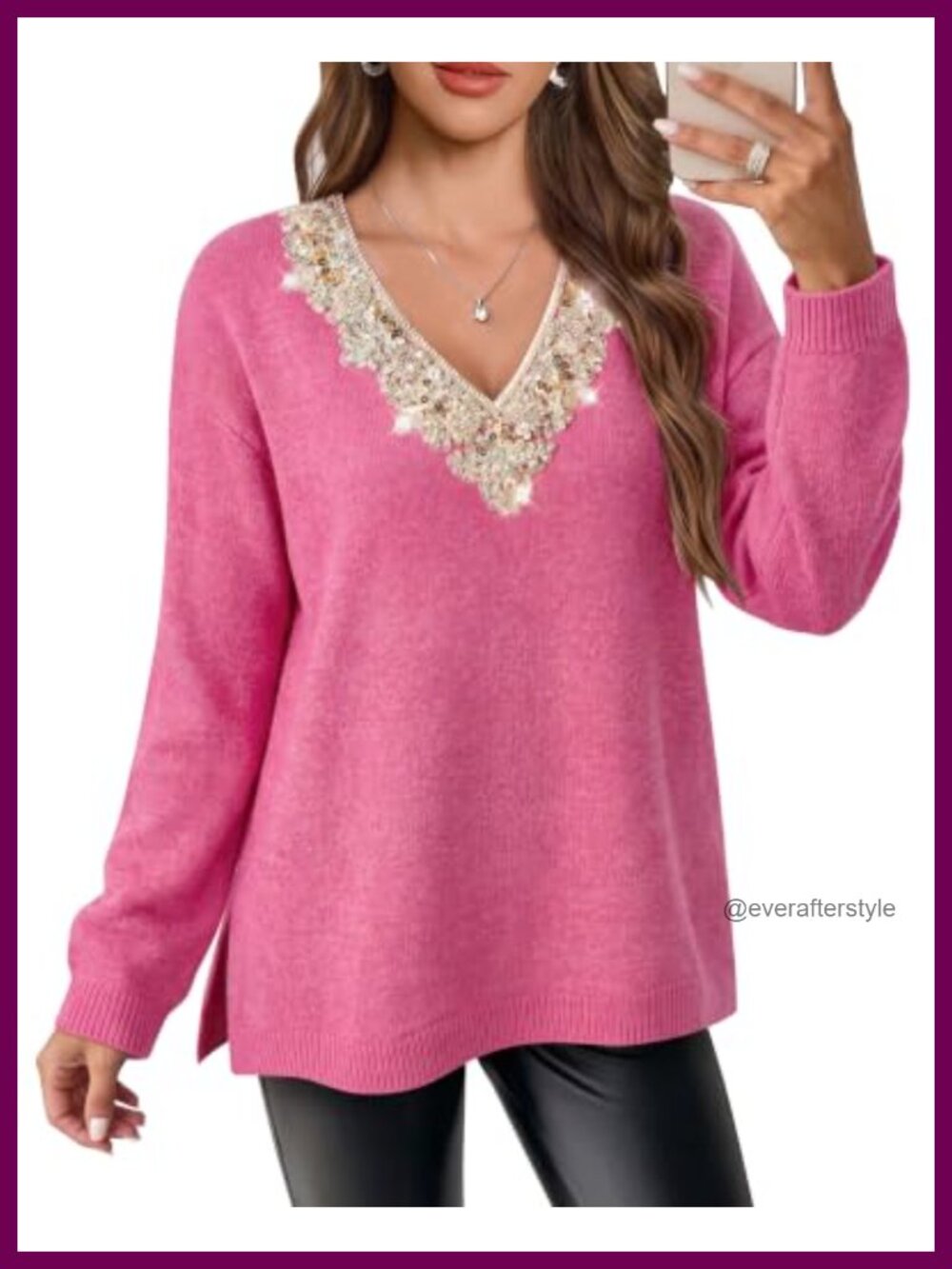 Wool Blend Sequin Beaded V Neck Pullover Sweater